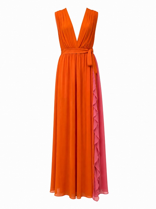 【新品DRESS 80】サイドスカート切替バイカラーシフォンフレアロングドレス オレンジ【REVISE】